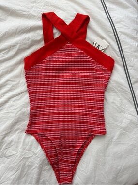 New with tags Zara Red and Pink Striped Cross-Back bodysuit